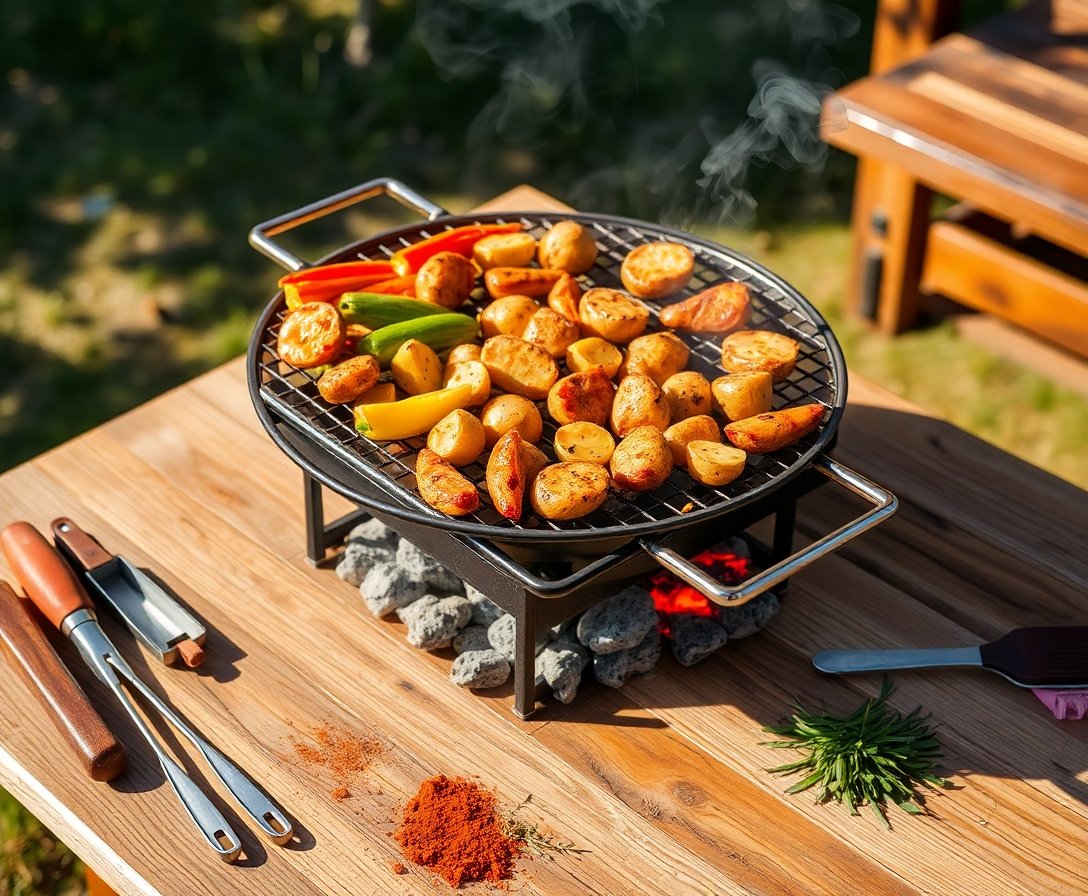 Barbekü ve Mangal Ekipmanları İle Izgarada Sebzelerin ve Patateslerin Pişirilmesi